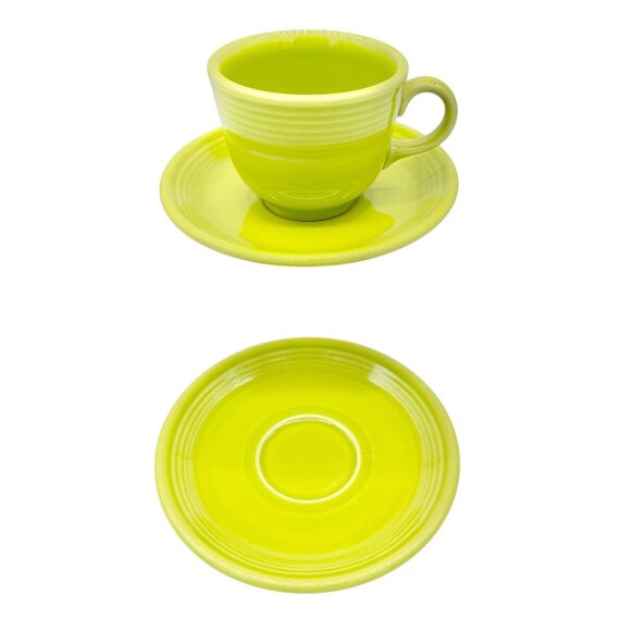 Fiesta Homer Laughlin Cup & 2 Saucers Set in Chartreuse Lead-Free Ceramic USA - Picture 2 of 9